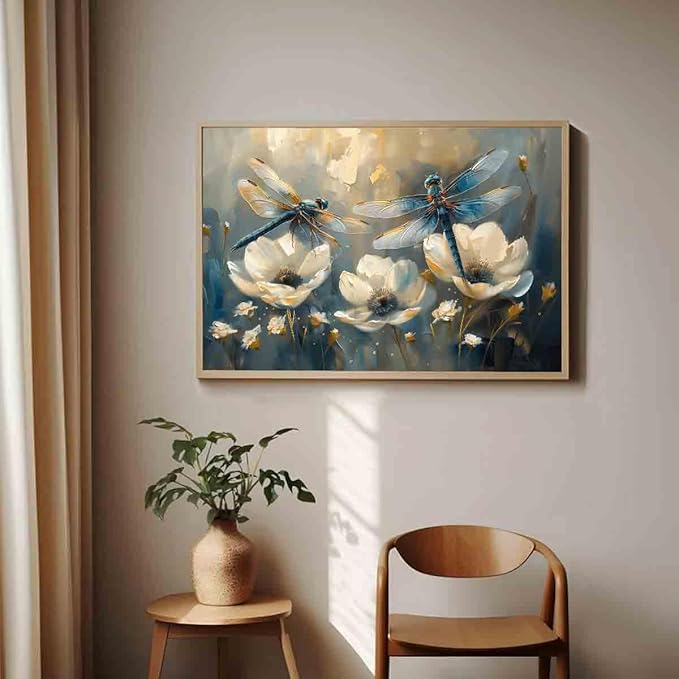 Dragonfly Wall Art White Flower Painting Watercolor Dragonfly Wall Art Watercolor Flower Prints Animal Canvas Plant Picture Insect Pictures Vintage Abstract Living Room Decor 16x24inch No Frame