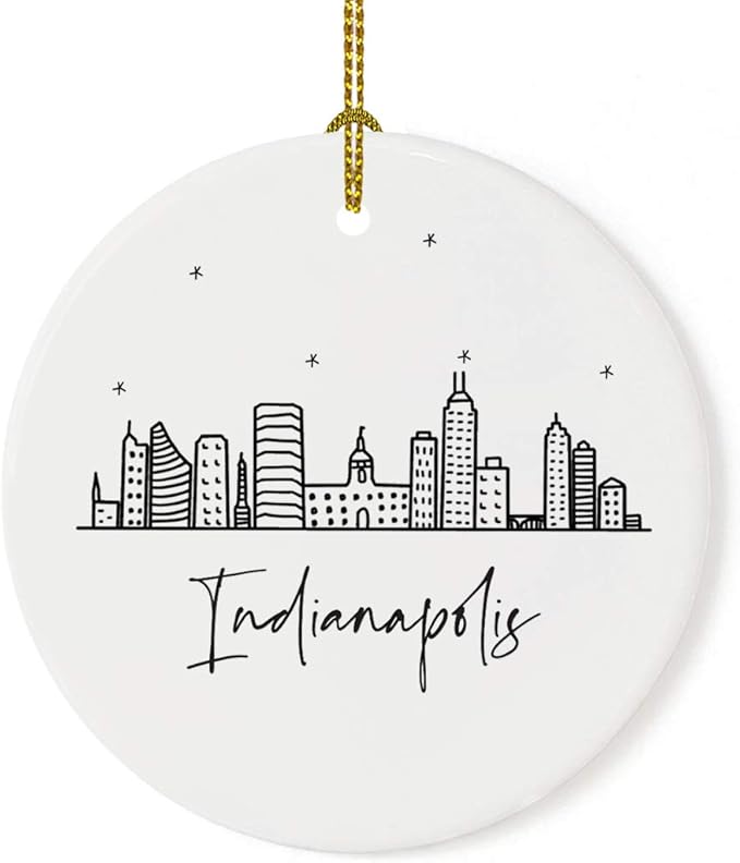 Andaz Press Round Ceramic Porcelain Christmas Tree Ornament Keepsake Gift, Indianapolis, Black and White Stars City Skyline Graphic, 1-Pack, Birthday Ideas Family Coworker Him Her, Includes Gift Box