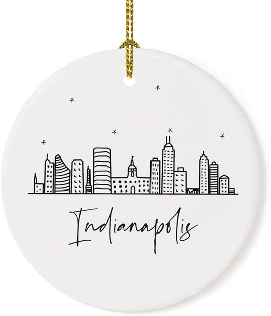 Andaz Press Round Ceramic Porcelain Christmas Tree Ornament Keepsake Gift, Indianapolis, Black and White Stars City Skyline Graphic, 1-Pack, Birthday Ideas Family Coworker Him Her, Includes Gift Box
