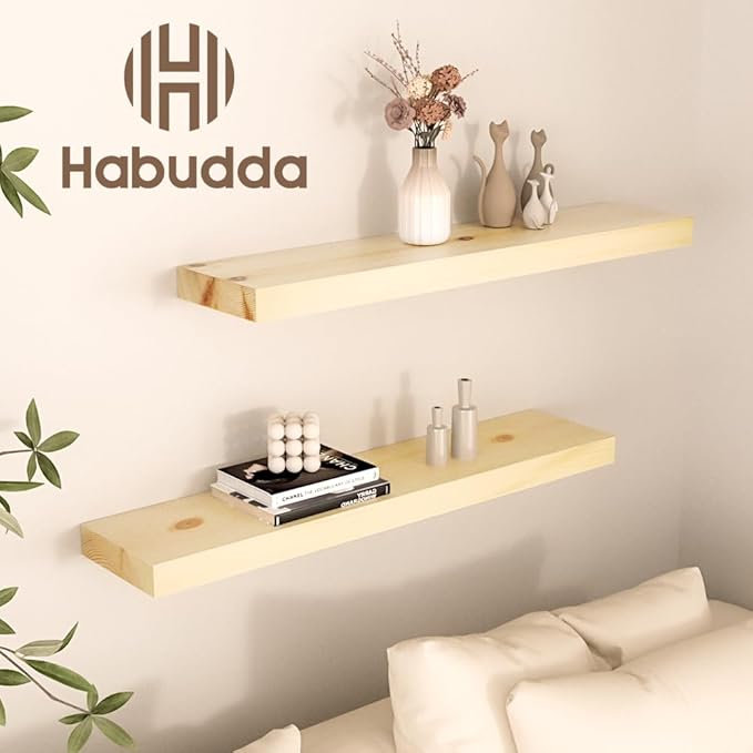 Habudda Floating Shelves for Wall, Solid Pine Wood Shelf for Bathroom Bedroom Kitchen, Rustic Room Decor, Wall Mounted, 30 Inches Long, Set of 2, Natural