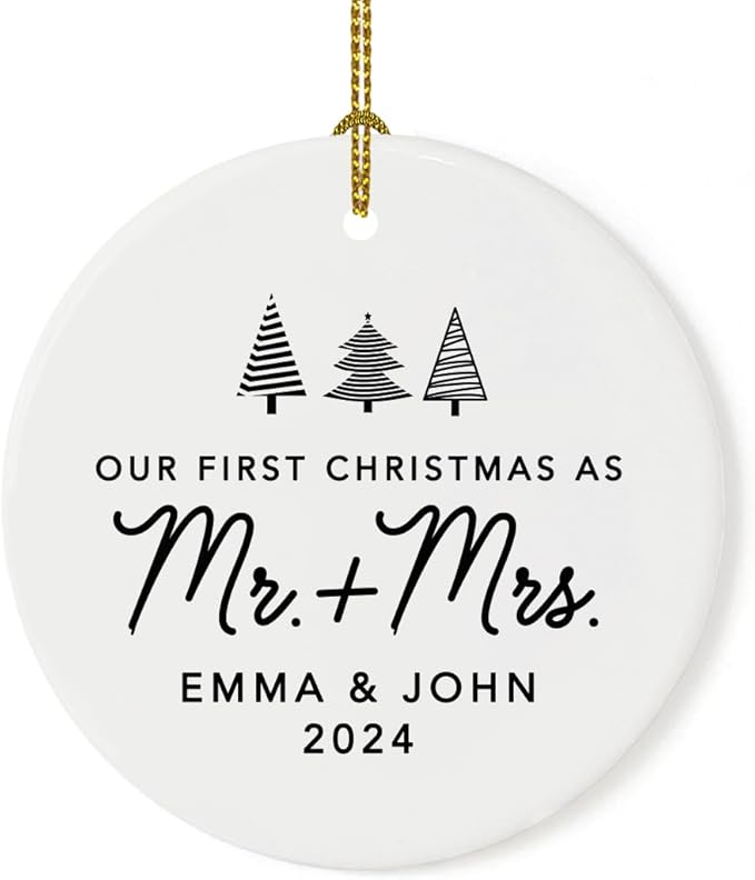 Andaz Press Personalized Our First Christmas As Mr. & Mrs. 2024 Christmas Ornaments Christmas Trees Design 2.8" Round Porcelain Ceramic 1st Year Married Custom Ornament Keepsake for Newlyweds 1-Pack