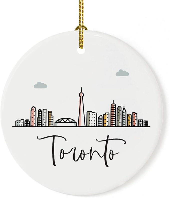 Andaz Press Round Ceramic Porcelain Christmas Tree Ornament Keepsake Gift, Toronto, Colorful International City Skyline Graphic, 1-Pack, Birthday Ideas Family Coworker Him Her, Gift Box