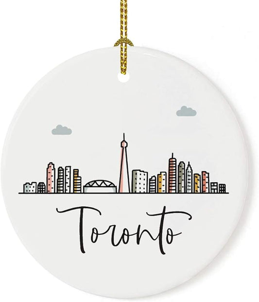 Andaz Press Round Ceramic Porcelain Christmas Tree Ornament Keepsake Gift, Toronto, Colorful International City Skyline Graphic, 1-Pack, Birthday Ideas Family Coworker Him Her, Gift Box
