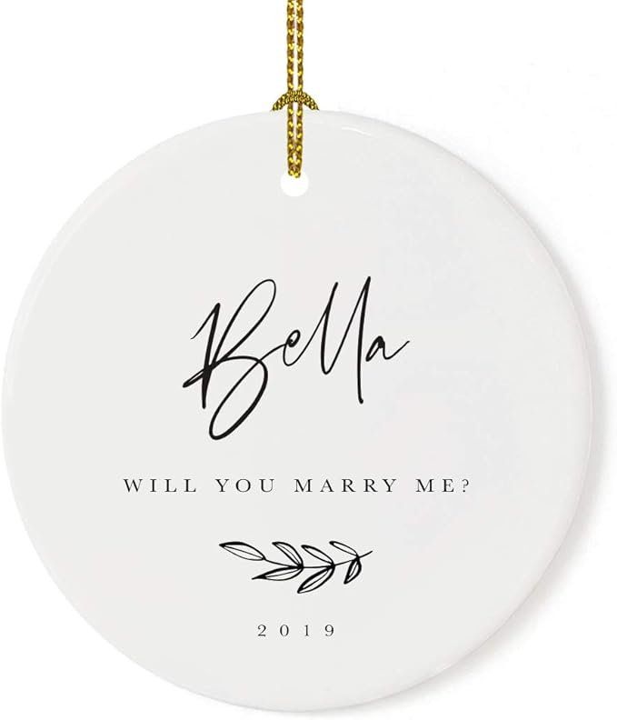 Andaz Press Personalized Engagement Proposal Round Ceramic Porcelain Christmas Tree Ornament Keepsake Gift, Olivia Will You Marry Me?, Antique Handdrawn, 1-Pack Will You Marry Me Christmas Ornament