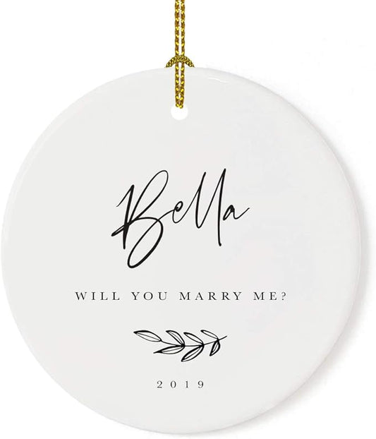 Andaz Press Personalized Engagement Proposal Round Ceramic Porcelain Christmas Tree Ornament Keepsake Gift, Olivia Will You Marry Me?, Antique Handdrawn, 1-Pack Will You Marry Me Christmas Ornament