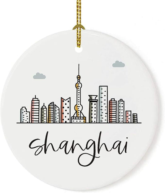 Andaz Press Round Ceramic Porcelain Christmas Tree Ornament Keepsake Gift, Shanghai, Colorful International City Skyline Graphic, 1-Pack, Birthday Ideas Family Coworker Him Her, Gift Box