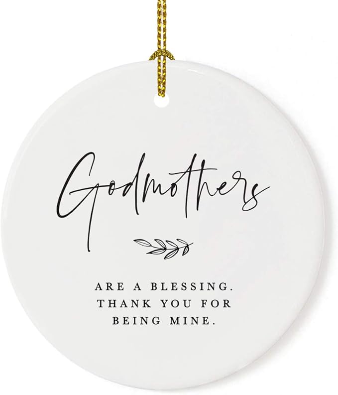 Andaz Press Round Ceramic Porcelain Christmas Tree Ornament Keepsake Collectible Godmother Gift, Godmothers are a Blessing. Thank You for Being Mine. Antique Handdrawn, 1-Pack