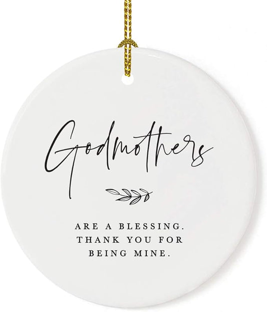 Andaz Press Round Ceramic Porcelain Christmas Tree Ornament Keepsake Collectible Godmother Gift, Godmothers are a Blessing. Thank You for Being Mine. Antique Handdrawn, 1-Pack