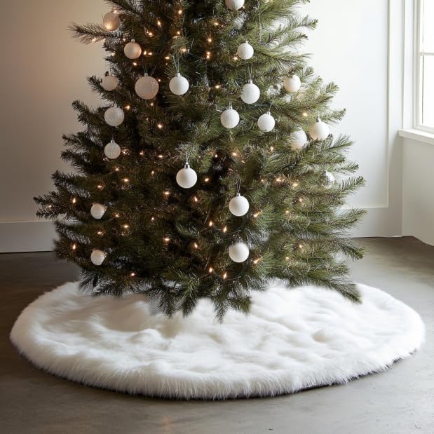 AOGU 72 Inch Faux Fur Christmas Tree Skirt White Plush Skirt for Merry Christmas Party Christmas Tree Decoration