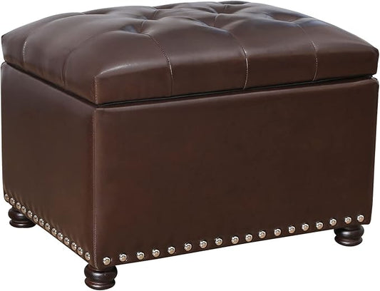 24'' Leather Storage Ottoman Rectangular Foot Rest Stool with Nailhead Trim for Bedroom Living Room(Dark Brown)
