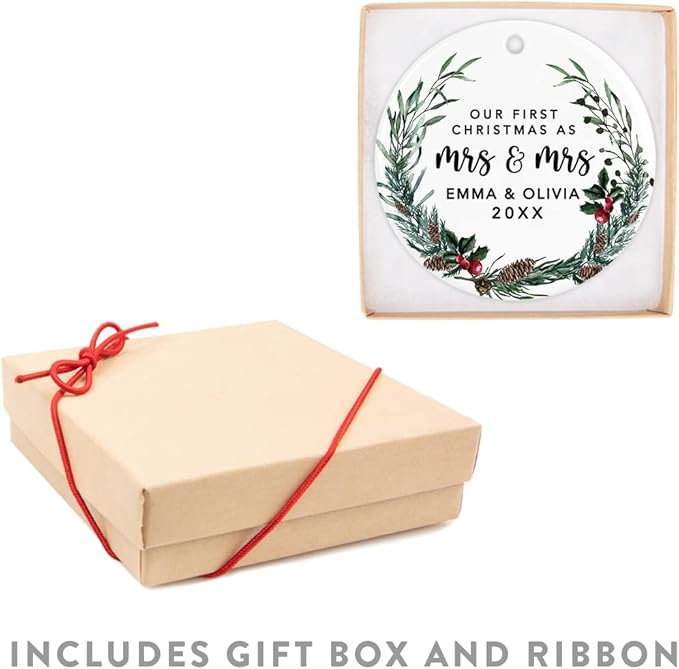 Andaz Press Personalized Our First Christmas As Mrs. & Mrs. 2025 Christmas Ornaments Holly & Pinecone Wreath 2.8" Round Porcelain Ceramic Lesbian Married Couple Gay Women Wedding Keepsake 1-Pack