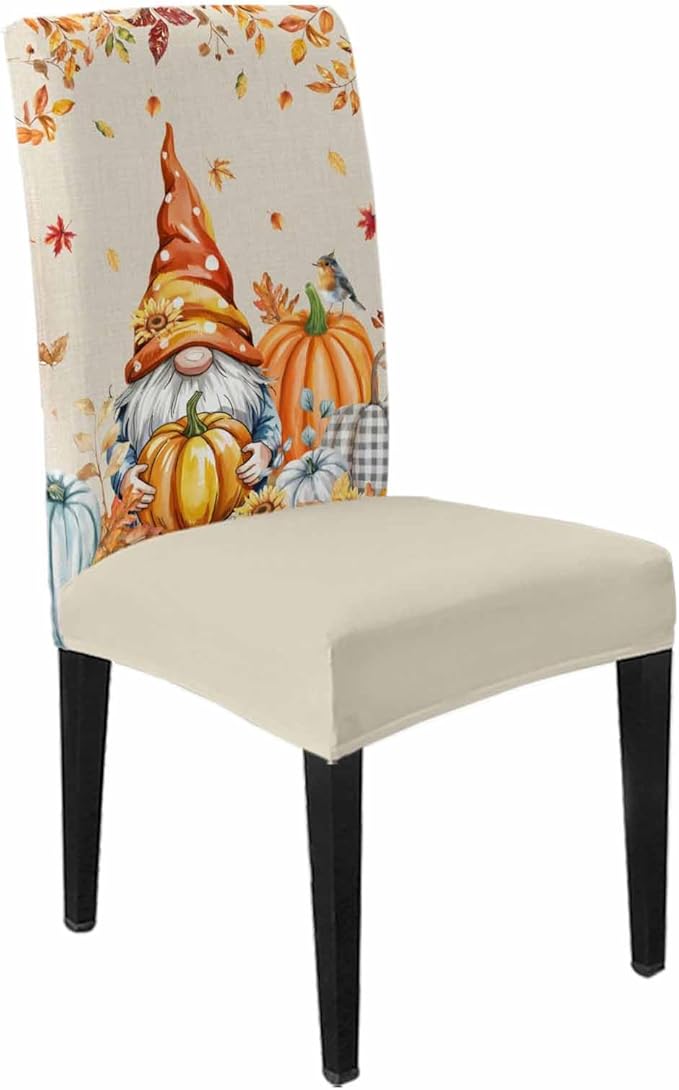 4 Pcs Dining Chair Covers Stretch Spandex Slipcovers Farm Thanksgiving Gnome Pumpkin Removable Washable Dining Room Seat Cover Cushion Protector for Home Hotel Banquet Decor Fall Maple Leaves Linen