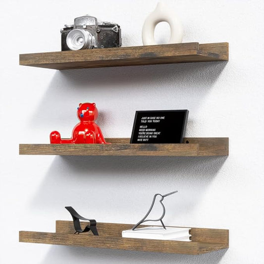 RICHER HOUSE 3 Set Floating Shelves for Wall Decor, Mounted Book Shelf, Nursery Picture Ledge With Lip for Storage, Bedroom, Living Room, Bathroom - Brown