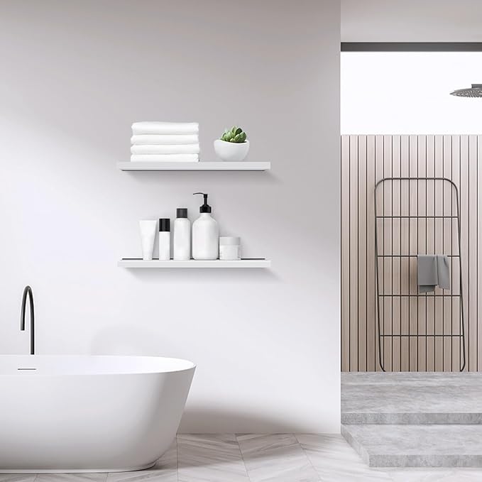 Meangood Floating Shelves White 17 inch Wall Mounted Natural Bamboo Wood Wall Storage Shelves for Bedroom,Living Room,Bathroom, Kitchen（Set of 2）