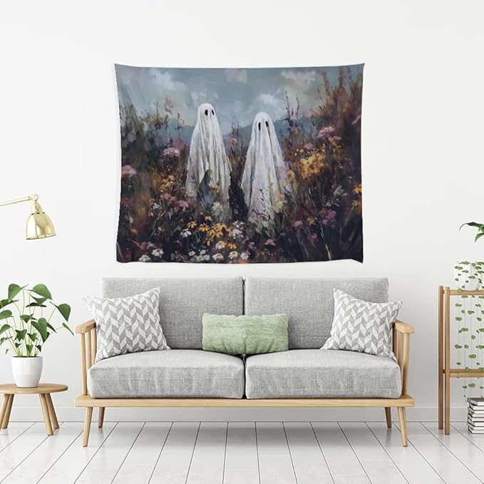 Halloween Ghosts in Wildflowers Tapestry Wall Hanging Spooky Cute Ghost Floral Tapestries Victoria Moody Artwork Aesthetic Print for Goth Living Room Bedroom wall Decor 60x80inch