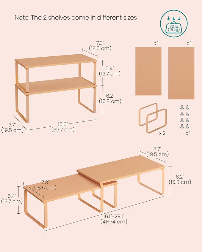 SONGMICS Cabinet Organizer Shelf, Set of 2 Kitchen Counter Shelves, Kitchen Storage, Spice Rack, Stackable, Expandable, Metal and Engineered Wood, Apricot UKCS200Y01