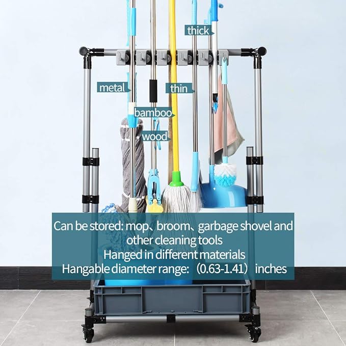 Broom And Mop Holder Put Wet Movable Floor-Mounted Mop Rack Floor Standing Cleaning Tool Cart Storage For Garden Garage Schools, Hospitals, Factories, Hotels,Property Companies