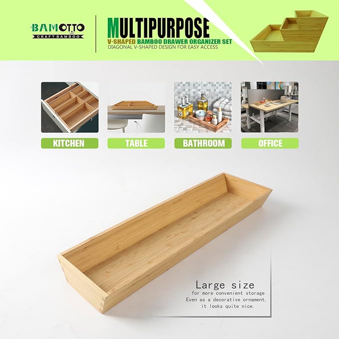 V-Shaped Bamboo Drawer Organizer Set of 3, Kitchen Large and Long Utensil Plate, Flatware & Silverware Storage Box, Wood Drawer Organizer for Bedroom, Living Room (19.6"x5.7" & 7.8" & 12.4")