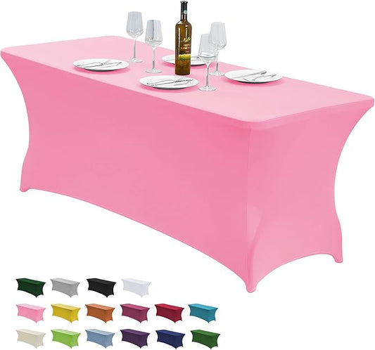 CWK 8FT Waterproof Stretch Spandex Table Cover for Rectangular Tables - Elastic Fitted Tablecloth for Folding Tables,Wrinkle Resistant Table Cloth for Parties, Weddings, Banquets & Events (Pink)