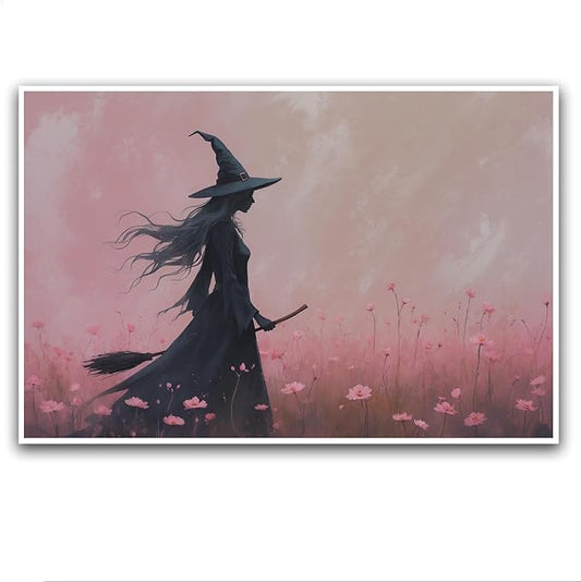 JFHCQJPK Witch in the pink sea of flowers Halloween prints weird flowers wall art silhouette painting fashionable romantic decoration suitable for bedroom32x48in Frameless