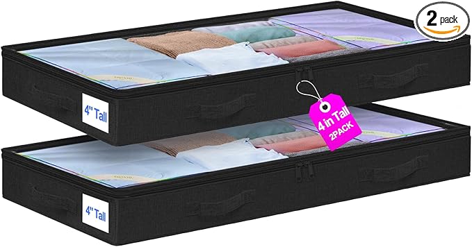 punemi Under Bed Storage Containers, Below 4 Inches Tall Low Profile Foldable Under Bed Storage,No Structure, Soft Fabric Blanket Storage and Clothing Storage with Zipper, 2 Pack, 20x40x3.7in, Black