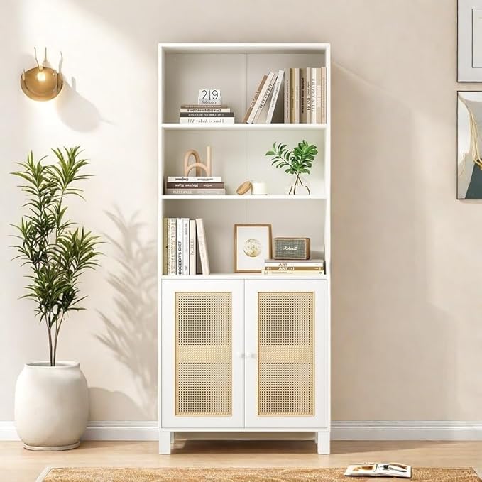 Tall Bookshelf, 5-Tier Book Shelf with 2 Rattan Doors, Freestanding Bookcase Display Shelves with Large Storage, Book Case for Living Room, Office, Study, Bedroom, 70.9 Inch