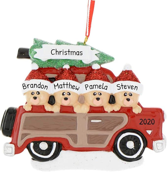 3D Road Trip Bears Family of 4 Ornament 2025 Personalized Family Christmas Ornaments 2025 | Snowy Tree Red Truck Personalized Tree Ornaments for Grandchildren, Siblings & Grandkids of Four Ornament