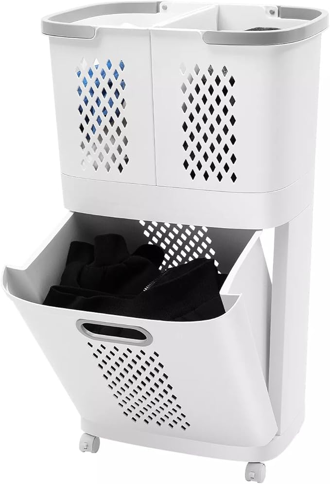Movable Household Laundry Basket,2 Tier Laundry Hamper Basket Sorter with Wheels&Handle,Large Hand-Held Laundry Basket Clothes Storage Organizer for Bathrooms Bedrooms
