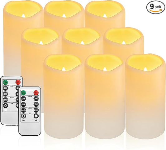 9PACK Outdoor Plastic flameless Candles with Remote Control and Timer, LED Flickering Battery Operated Electric Pillar Candles (D3 xH5.5) for Camping, Weddings, Home Decoration