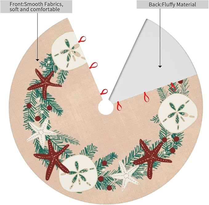 48" Large Christmas Tree Skirt, Coastal Rustic Beach Christmas Holiday Starfish Pattern Tree Mat Base Cover for Xmas Festive Holiday Party Decoration Ornaments