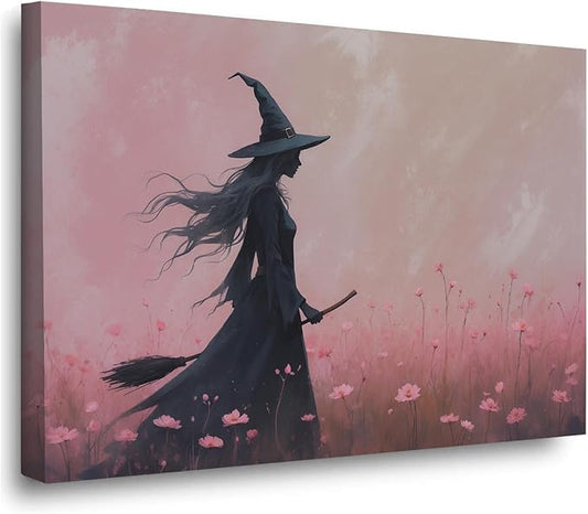 Witch in the pink sea of flowers Halloween prints weird flowers wall art silhouette painting fashionable romantic decoration suitable for bedroom12x16in Wood Framed