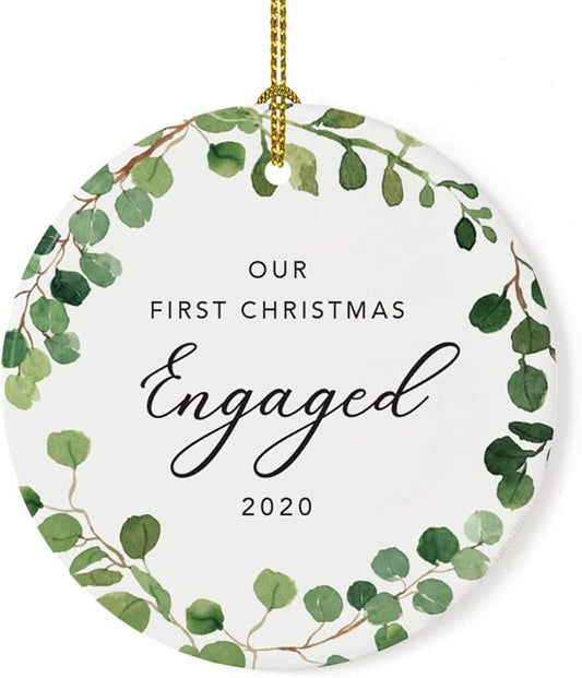 Andaz Press Custom Year Round Ceramic Porcelain Christmas Tree Ornament Keepsake Collectible Gift, Our First Christmas Engaged 2025, Farmhouse Eucalyptus Wreath, 1-PackCouple
