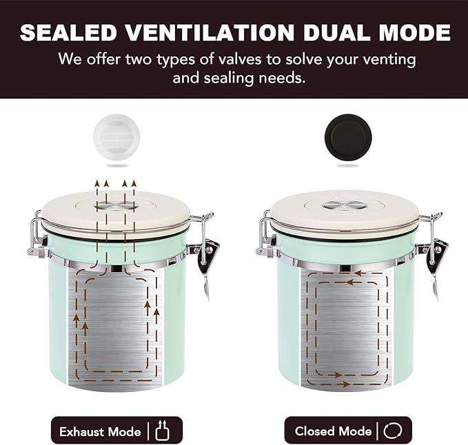 ShanSon Coffee Canister Airtight Coffee Container Stainless Steel Coffee Bean Storage Container with CO2 Release Valve and Scoop Coffee Canister for Beans,Grounds,Sugar,Flour,Tea,Cereal,16OZ,Green