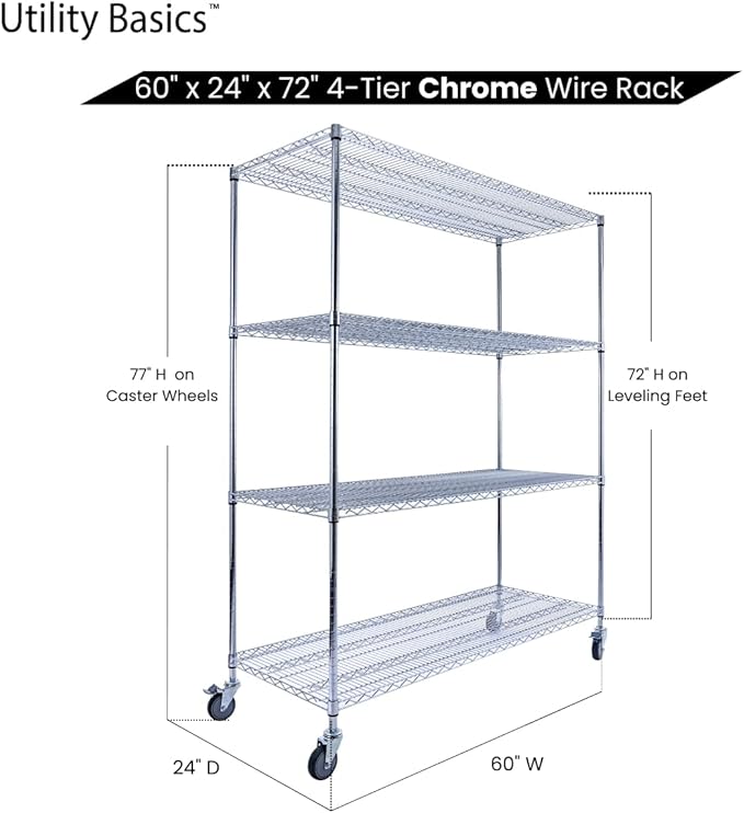 60"x24"x72" PREMIUM METAL STEEL 4-Tier Wire Shelving NSF 3200 LBS MAX Capacity Heavy Duty Storage Rack for Hospitals, Schools, Commercial Spaces, and Garages w/PREMIUM Wheels
