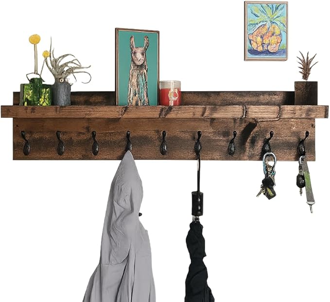 Coat Rack with Shelf Wall Mounted with Storage (Choose Your Length) Towel Rack Entryway Organizer Key Hooks (24" L (6 Hooks))