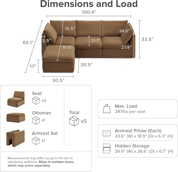 mopio Oversized Modular Sectional Sofa with Fully Removable Covers and Storage, Convertible U, L-Shaped and Sleeper Sectional, Modern Couches with Ottoman Chaise (Hazelnut Velvet, 4 Seats, L)