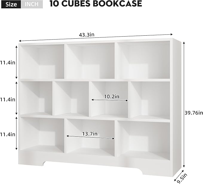 Book Shelf, 10 Cubes Storage Organizer, 3-Tier Open Shelf Wooden Bookcase, Freestanding White Bookshelf Cube Shelf for Bedroom, Living Room, Home Office