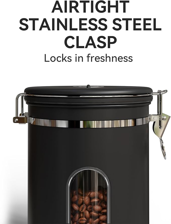 Coffee Canister Set 16 + 22 + 38 oz with Window, Airtight Stainless Steel Kitchen Food Storage Container with Date Tracker and Scoop for Grounds Coffee, Beans, Tea, Flour, Cereal, Sugar, Black