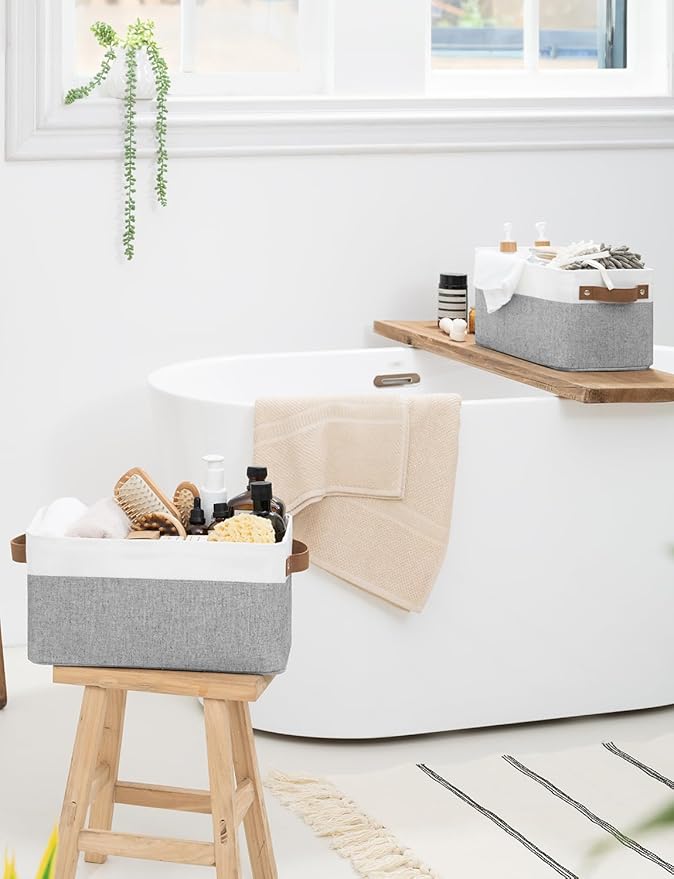 StorageWorks Narrow Storage Bins, Small Basket for Closet and Shelves, Rectangular Fabric Organizer with Handles, Toilet Paper Storage, Gray and White Stripes, 2-Pack