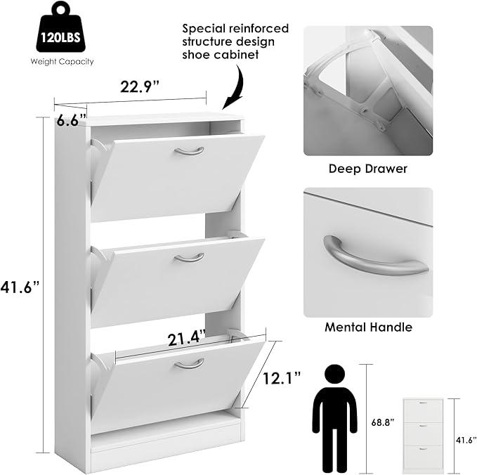 Shoe Storage Cabinet with 3 Flip Drawers, Narrow Shoe Cabinet Freestanding Slim Shoe Storage Organizer for Entryway, Hallway, Entrance, Bedroom, Living Room, White