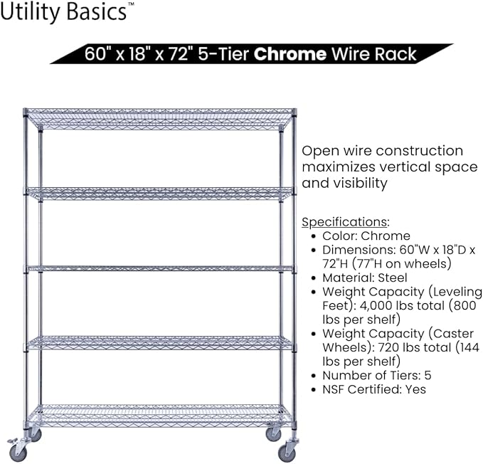 60"x18"x72" Chrome 5-Tier PREMIUM Wire Shelving NSF 4000 LBS MAX CAPACITY Heavy Duty Steel Storage Rack for Warehouses, Garages, Hospitals, Commercial Spaces, & Schools w/PREMIUM WHEELS