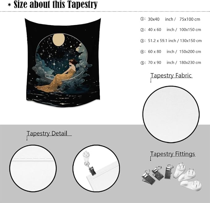 Dark Academia Tapestry Celestial Moonlit Bathing Lady Print Trendy Aesthetic Gothic Wall Hanging Vintage Art Nouveau Tapestries Wall Decor for Bedroom Living Room Dorm 30x40inch