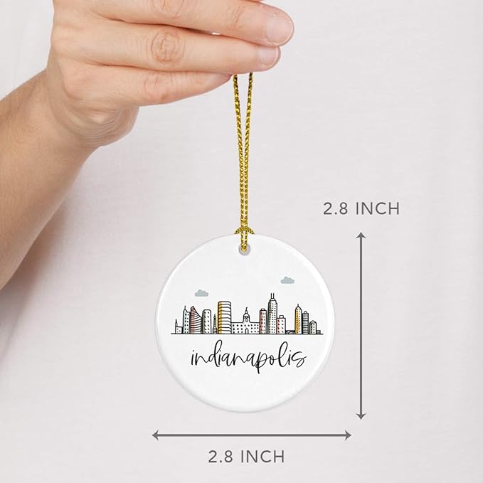 Andaz Press Round Ceramic Porcelain Christmas Tree Ornament Keepsake Gift, Indianapolis, Colorful City Skyline Graphic, 1-Pack, Birthday Ideas Family Coworker Him Her, Includes Gift Box