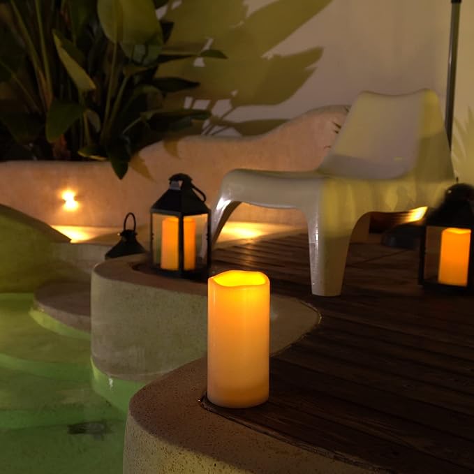 5plots 4" x 8" Single Waterproof Outdoor Flameless Candles, Battery Operated Flickering LED Pillar Candles with Remote and Timers for Indoor Outdoor Lanterns, Long Lasting, Large