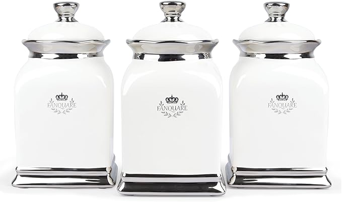 fanquare 30 OZ Cookie Jar, White Kitchen Canisters Set of 3, Farmhouse Porcelain Decorative Jars for Countertop, Ceramic Storage Jar for Coffee, Sugar, Tea Bag