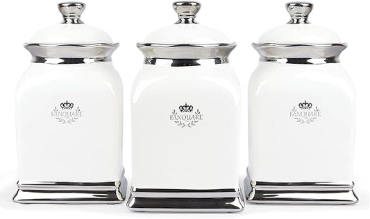 fanquare 30 OZ Cookie Jar, White Kitchen Canisters Set of 3, Farmhouse Porcelain Decorative Jars for Countertop, Ceramic Storage Jar for Coffee, Sugar, Tea Bag