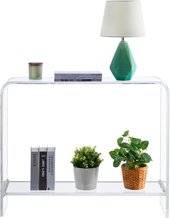 MyGift Premium 15mm Clear Acrylic Entryway Console Table with Bottom Display Shelf, 2 Tier Living Room Sofa Back Storage Shelves Modern Luxury Home Decor