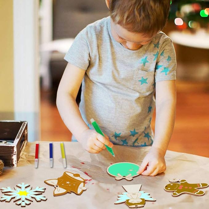 48PCS Christmas Crafts for Kids, Wooden Christmas Ornaments Unfinished Wood Slices with 6 Styles, DIY Christmas Ornaments Kits for Christmas Tree Holiday Hanging Decorations