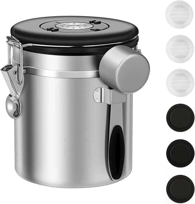 ShanSon Coffee Canister Airtight Coffee Container Stainless Steel Coffee Bean Storage Container with Scoop Coffee Canister for Beans Grounds Sugar Flour Tea Cereal,16OZ,Silver