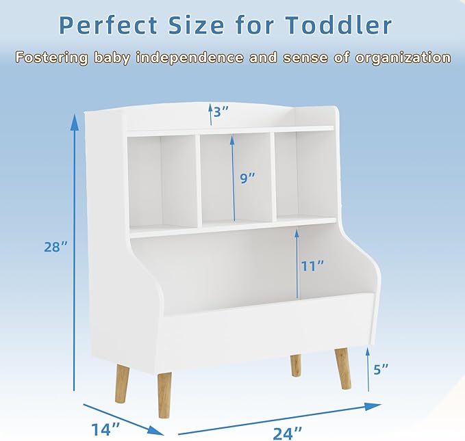 Kids Bookshelf and Toy Storage, 4-Cubby Toy Storage Organizer with Bookcase, Wood Kid Storage Cubby, 24"L x 14"D x 28"H Montessori Toy Shelf, Toddler Book Shelf for Kids Room Nursery Playroom